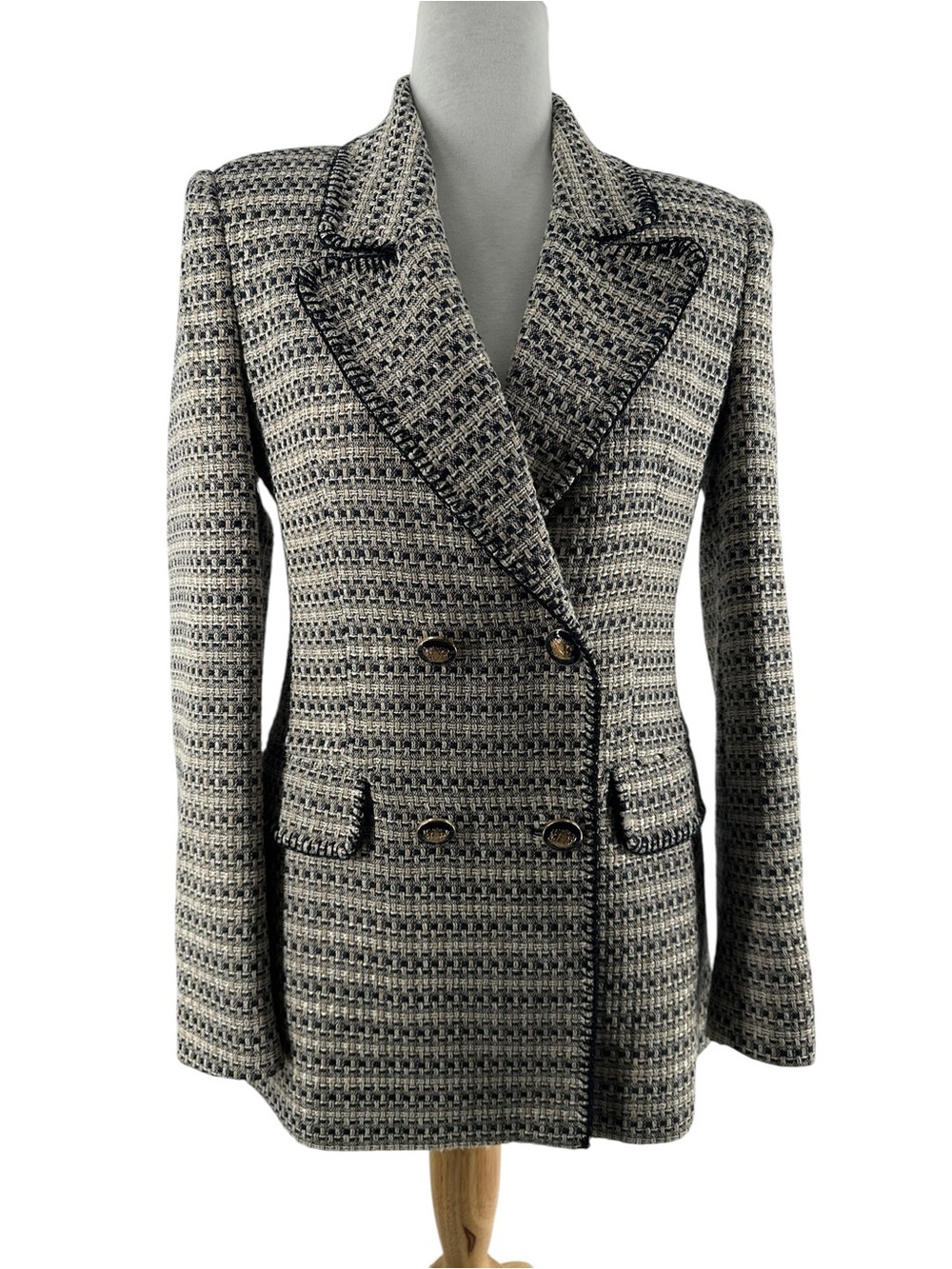 Zara Blazer Boucle Tweed Double Breasted blue cream gold luxury preppy sz xs